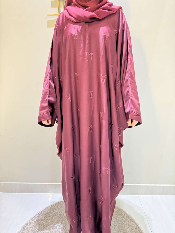 Elegant Butterfly-Style Abaya with Embroidered Bow – Burgundy | Modest Fashion