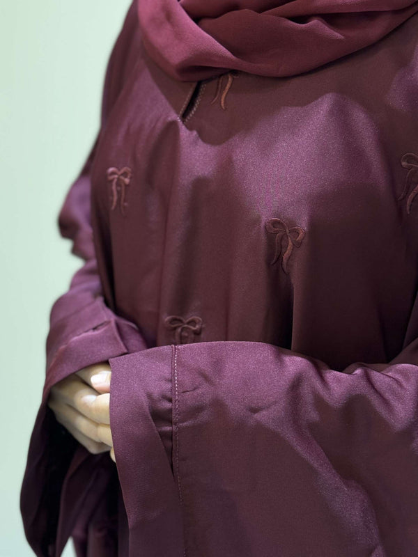 Elegant Butterfly-Style Abaya with Embroidered Bow – Burgundy | Modest Fashion