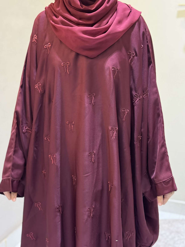 Elegant Butterfly-Style Abaya with Embroidered Bow – Burgundy | Modest Fashion