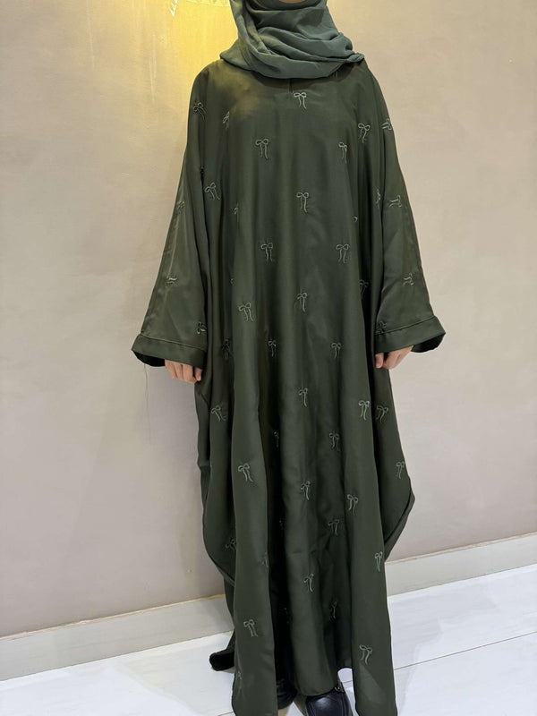 Elegant Butterfly-Style Abaya with Embroidered Bow – Olive Green | Modest Wear