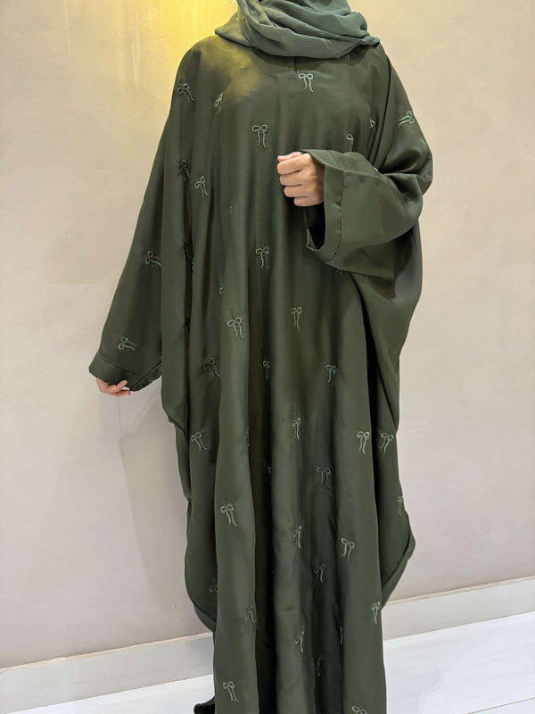 Elegant Butterfly-Style Abaya with Embroidered Bow – Olive Green | Modest Wear
