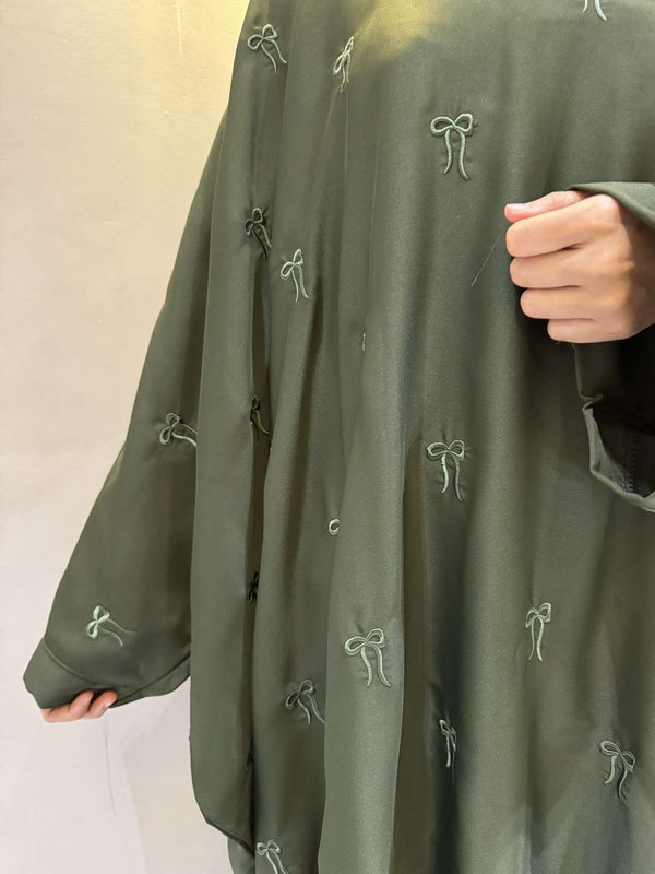 Elegant Butterfly-Style Abaya with Embroidered Bow – Olive Green | Modest Wear