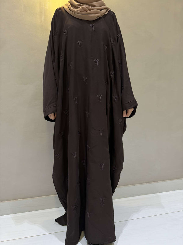 Elegant Butterfly-Style Abaya with Embroidered Bow – Brown | Modest Fashion