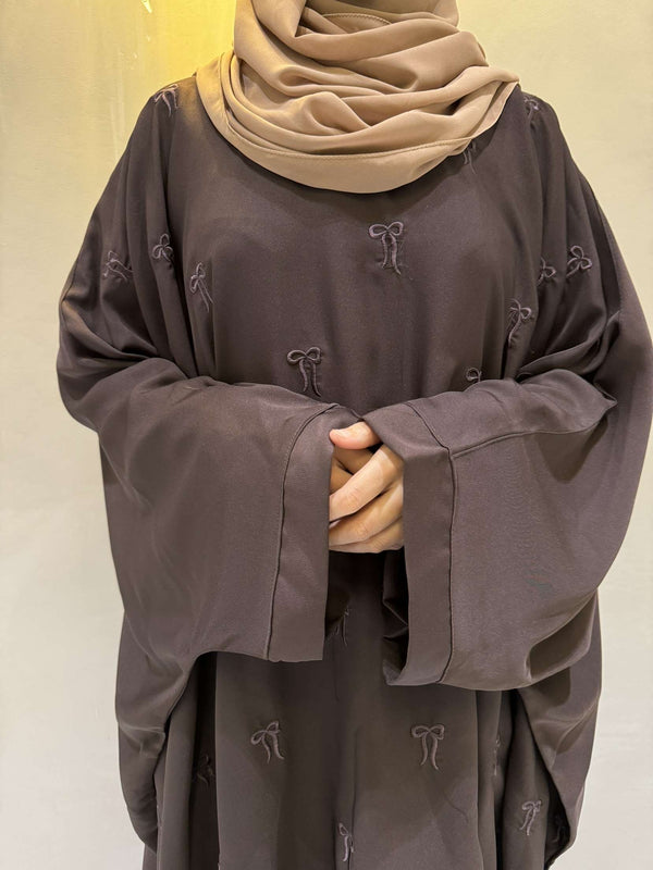 Elegant Butterfly-Style Abaya with Embroidered Bow – Brown | Modest Fashion