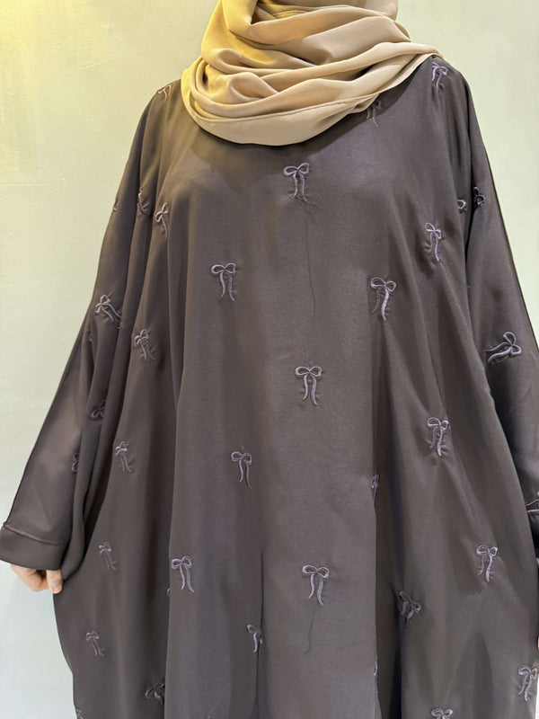 Elegant Butterfly-Style Abaya with Embroidered Bow – Brown | Modest Fashion