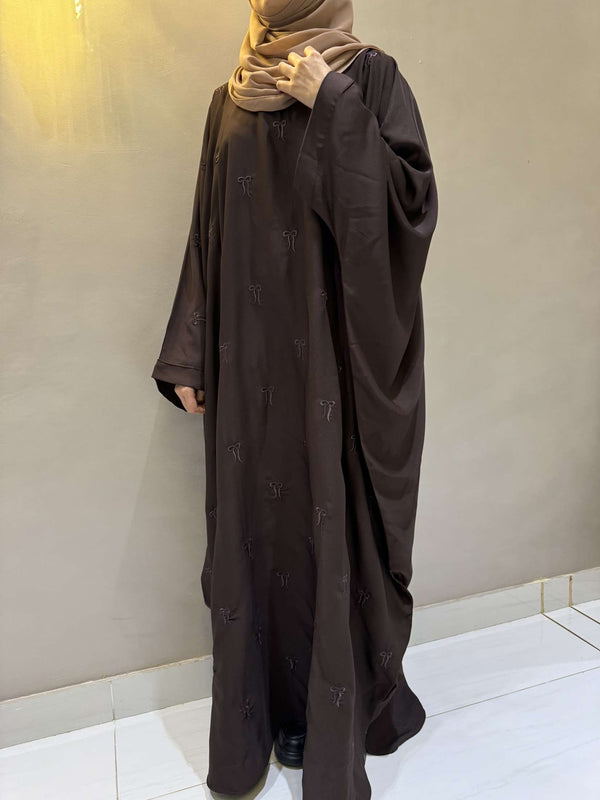 Elegant Butterfly-Style Abaya with Embroidered Bow – Brown | Modest Fashion