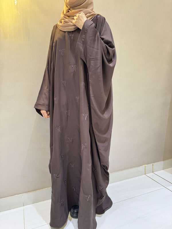 Elegant Butterfly-Style Abaya with Embroidered Bow – Brown | Modest Fashion