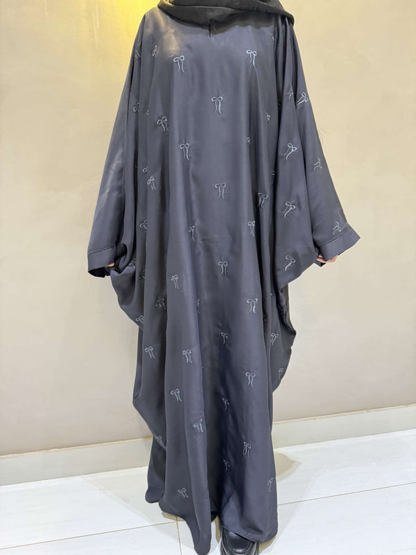 Elegant Butterfly-Style Abaya with Bow Embroidery – Steel Grey | Modest Wear