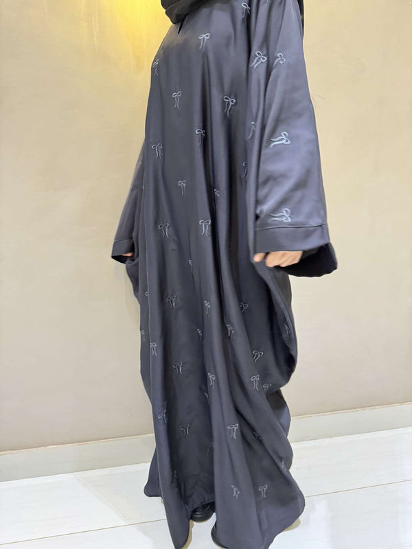 Elegant Butterfly-Style Abaya with Bow Embroidery – Steel Grey | Modest Wear