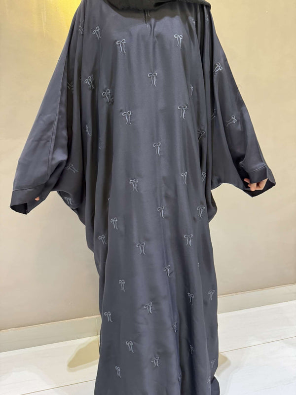 Elegant Butterfly-Style Abaya with Bow Embroidery – Steel Grey | Modest Wear