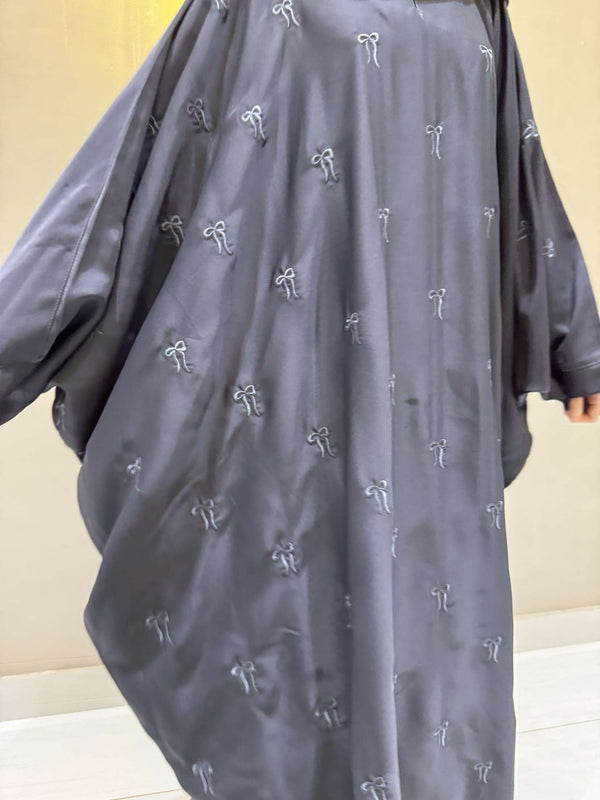 Elegant Butterfly-Style Abaya with Bow Embroidery – Steel Grey | Modest Wear
