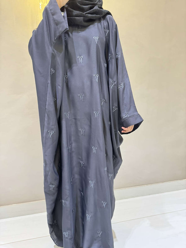Elegant Butterfly-Style Abaya with Bow Embroidery – Steel Grey | Modest Wear