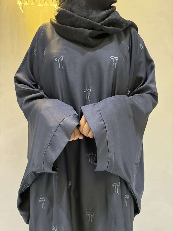 Elegant Butterfly-Style Abaya with Bow Embroidery – Steel Grey | Modest Wear