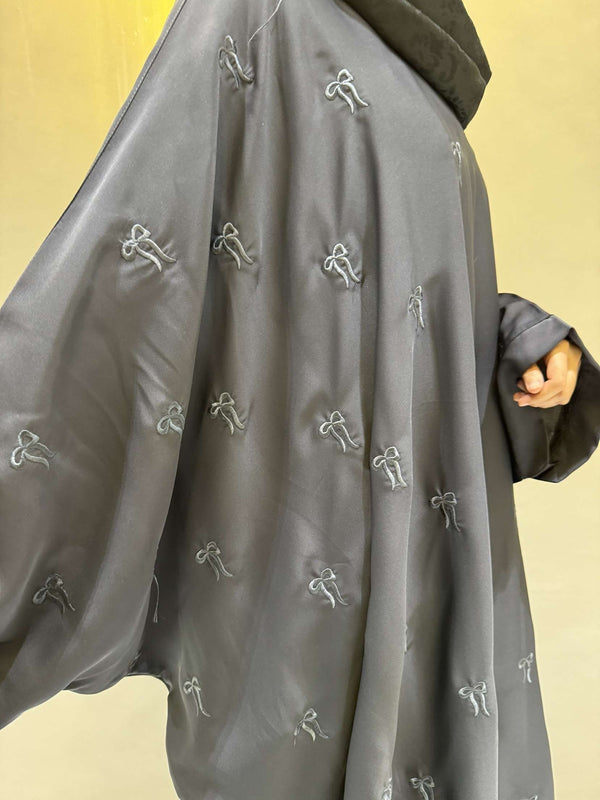 Elegant Butterfly-Style Abaya with Bow Embroidery – Steel Grey | Modest Wear