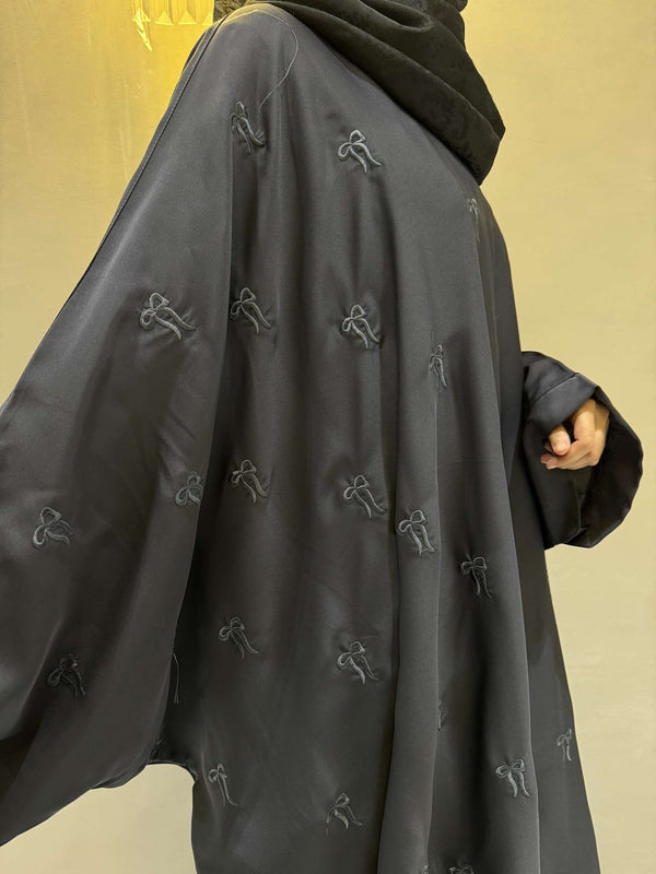 Elegant Butterfly-Style Abaya with Bow Embroidery – Steel Grey | Modest Wear