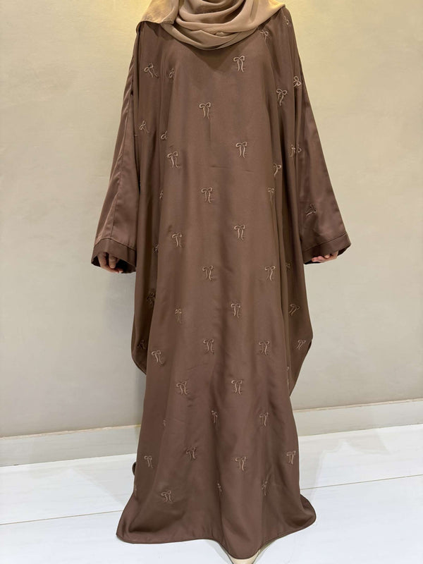 Elegant Butterfly-Style Abaya with Bow Embroidery – Caramel Brown | Modest Fashion