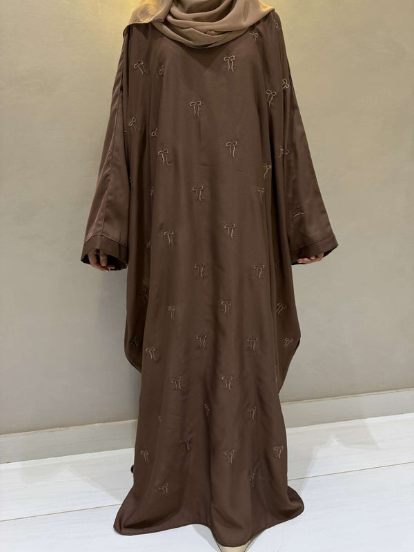 Elegant Butterfly-Style Abaya with Bow Embroidery – Caramel Brown | Modest Fashion