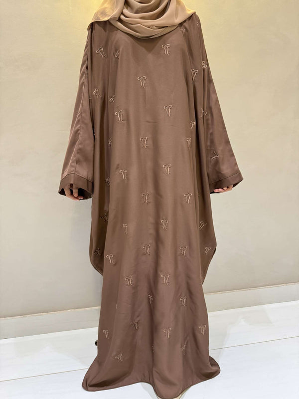 Elegant Butterfly-Style Abaya with Bow Embroidery – Caramel Brown | Modest Fashion
