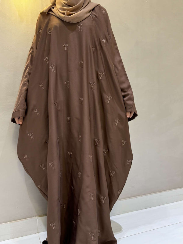 Elegant Butterfly-Style Abaya with Bow Embroidery – Caramel Brown | Modest Fashion