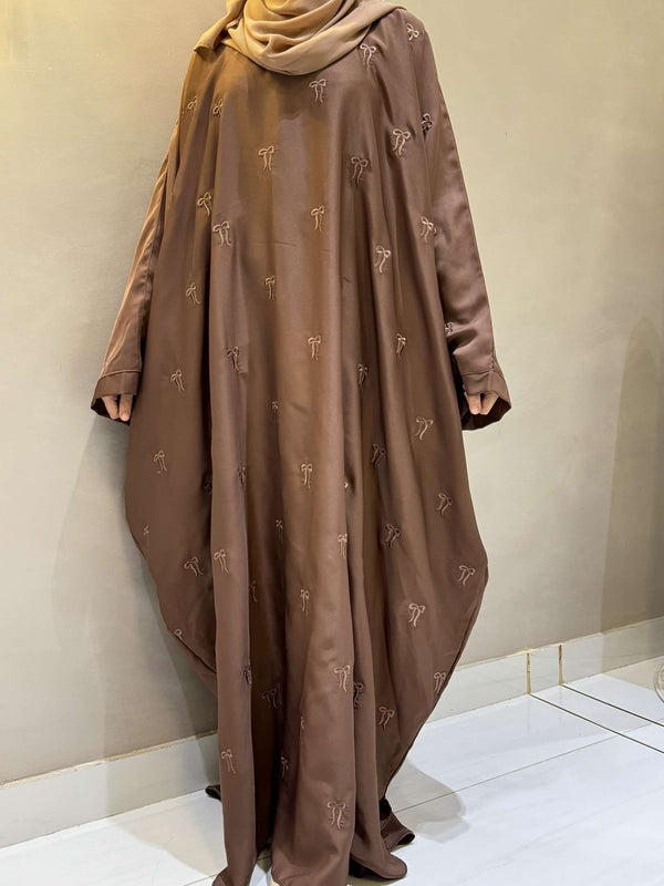 Elegant Butterfly-Style Abaya with Bow Embroidery – Caramel Brown | Modest Fashion