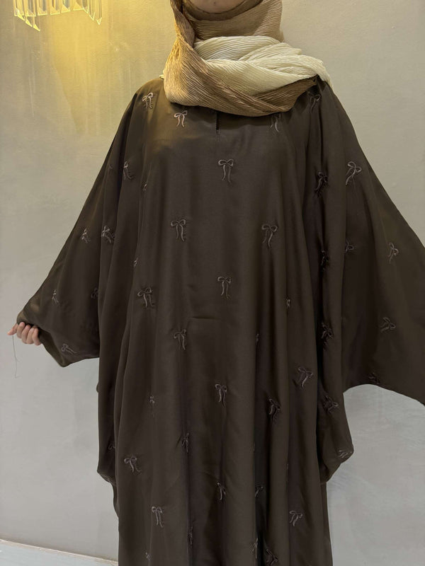 Elegant Butterfly-Style Abaya with Bow Embroidery – Walnut Brown | Modest Wear