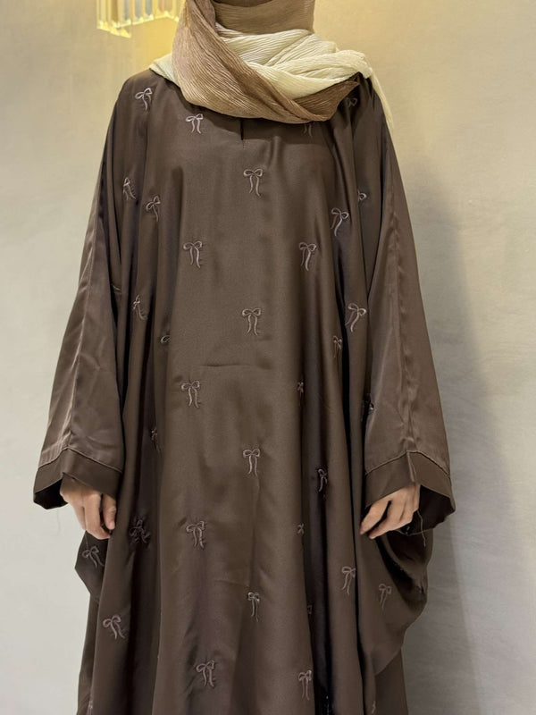 Elegant Butterfly-Style Abaya with Bow Embroidery – Walnut Brown | Modest Wear