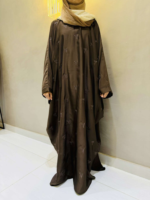 Elegant Butterfly-Style Abaya with Bow Embroidery – Walnut Brown | Modest Wear