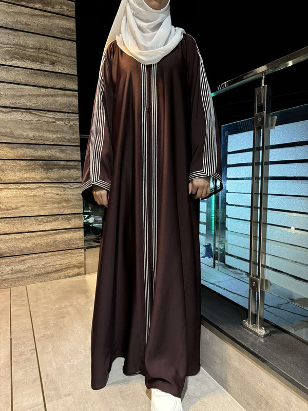 Chestnut Brown Nida Abaya – Classic Front-Open Style with Elegant Contrast Pleated Detailing