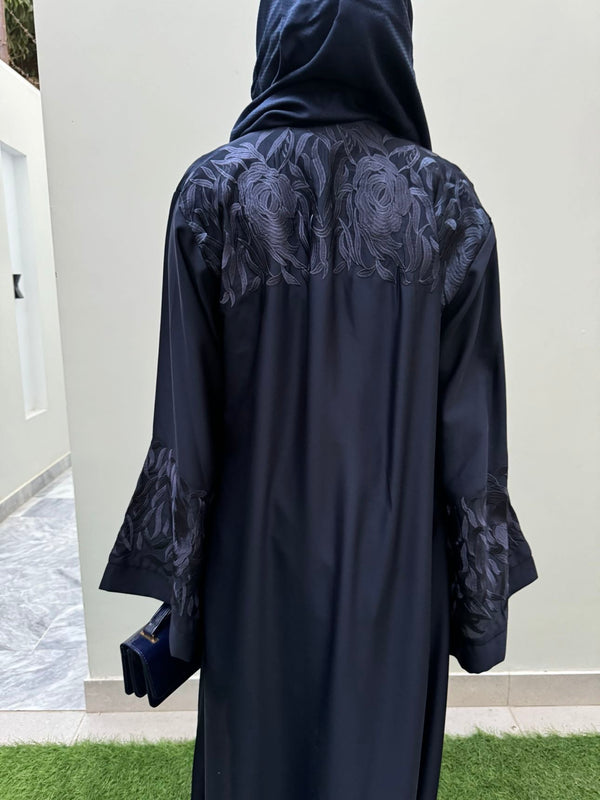 Elegant Deep Blue Nida Fabric Abaya with Floral Embroidery | Modest Fashion 2025