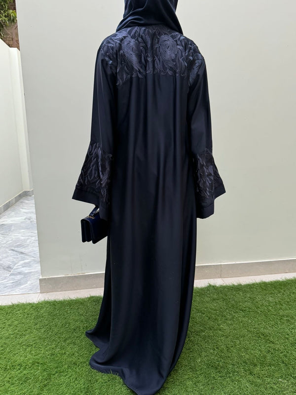 Elegant Deep Blue Nida Fabric Abaya with Floral Embroidery | Modest Fashion 2025