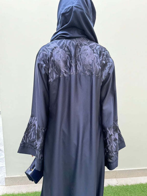 Elegant Deep Blue Nida Fabric Abaya with Floral Embroidery | Modest Fashion 2025