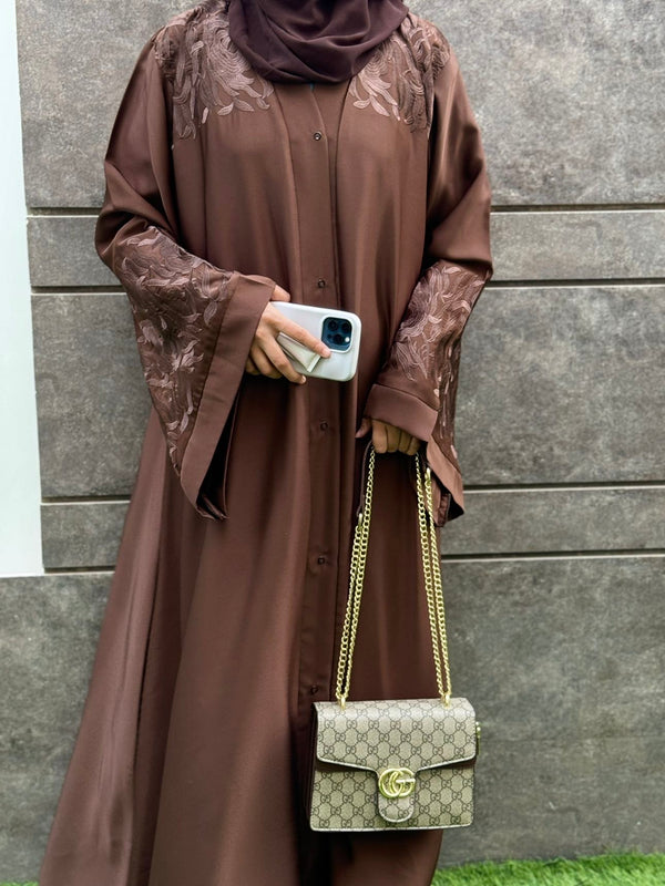Mocha Brown Embroidered Abaya | Soft Nida Fabric | Elegant Modest Wear 2025