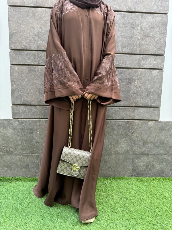 Mocha Brown Embroidered Abaya | Soft Nida Fabric | Elegant Modest Wear 2025