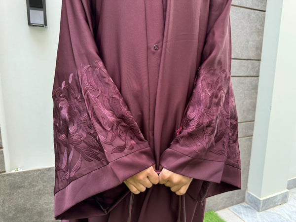 Royal Maroon Embroidered Abaya | Premium Nida Fabric | Modest Fashion 2025