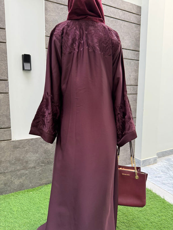 Royal Maroon Embroidered Abaya | Premium Nida Fabric | Modest Fashion 2025