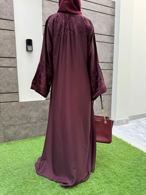 Royal Maroon Embroidered Abaya | Premium Nida Fabric | Modest Fashion 2025