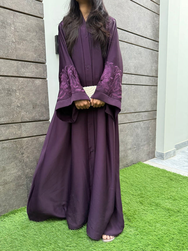Eggplant Embroidered Abaya | Elegant Nida Fabric | Modest Wear 2025