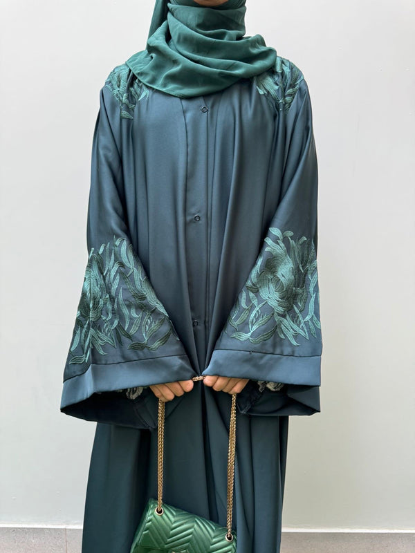 Bottle Green Embroidered Abaya | Premium Nida Fabric | Modest Wear 2025