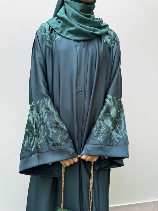 Bottle Green Embroidered Abaya | Premium Nida Fabric | Modest Wear 2025