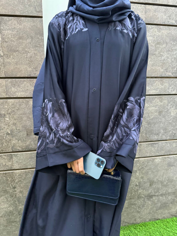 Elegant Deep Blue Nida Fabric Abaya with Floral Embroidery | Modest Fashion 2025