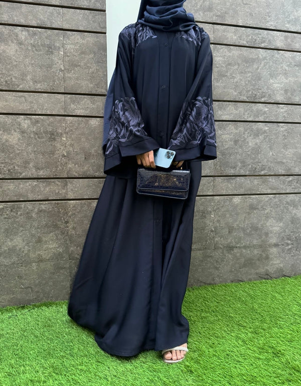 Elegant Deep Blue Nida Fabric Abaya with Floral Embroidery | Modest Fashion 2025