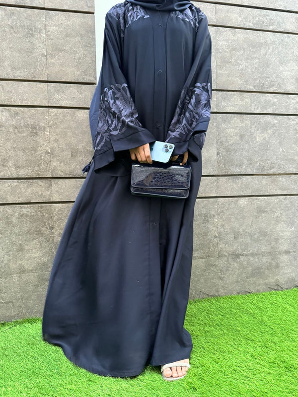 Elegant Deep Blue Nida Fabric Abaya with Floral Embroidery | Modest Fashion 2025