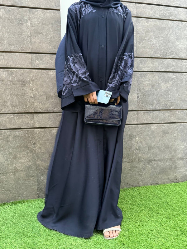 Elegant Deep Blue Nida Fabric Abaya with Floral Embroidery | Modest Fashion 2025