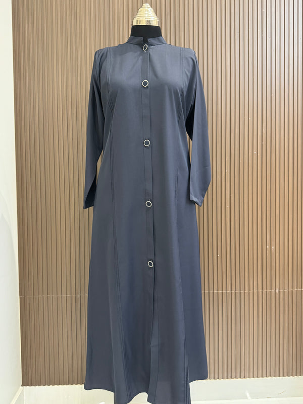 Elegant Steel Blue Turkish Full Button-Down Coat - Classic Mid-Length Fit