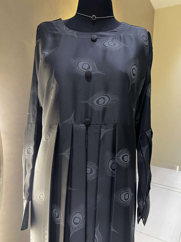 Steel Grey Nida Maxi Dress with Elegant Peacock Feather Print - 54'