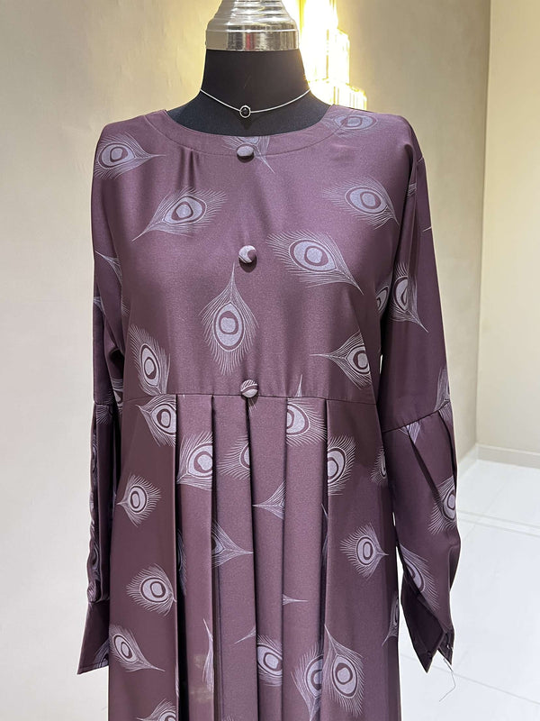 Elegant Deep Ruby Nida Maxi Dress with Peacock Feather Print - 54'