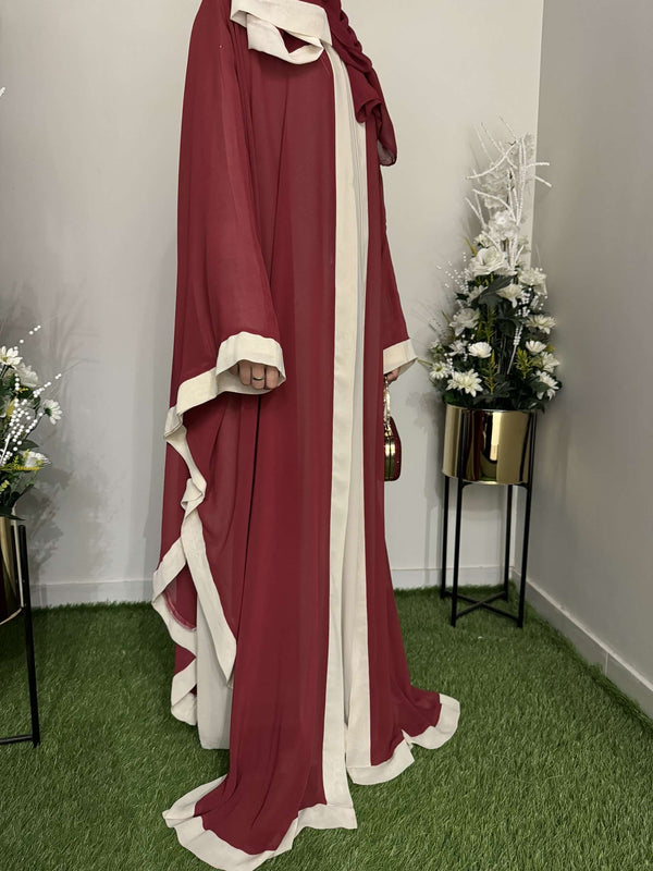 Red and Beige Korean Chiffon Abaya | Agaaz by KAT | Stylish Full-Length 56-Inch Abaya for Women