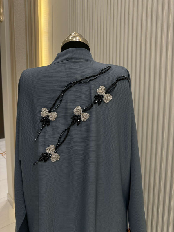 Slate Grey Abaya with Handwork Embroidery | 56-Inch Saudi Zoom Fabric | Luxury Modest Wear for Women