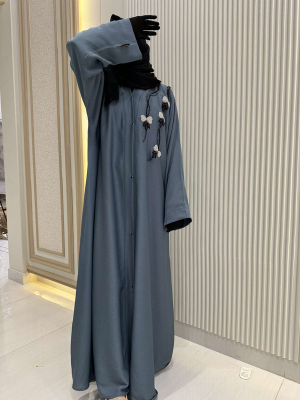 Slate Grey Abaya with Handwork Embroidery | 56-Inch Saudi Zoom Fabric | Luxury Modest Wear for Women