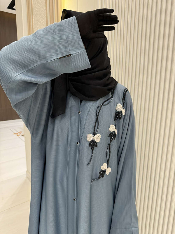 Slate Grey Abaya with Handwork Embroidery | 56-Inch Saudi Zoom Fabric | Luxury Modest Wear for Women